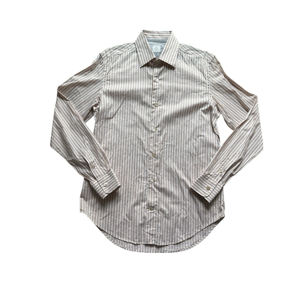 Eleventy Button Front‎ Shirt Mens Medium Tan White Stripe Made In Italy Cotton